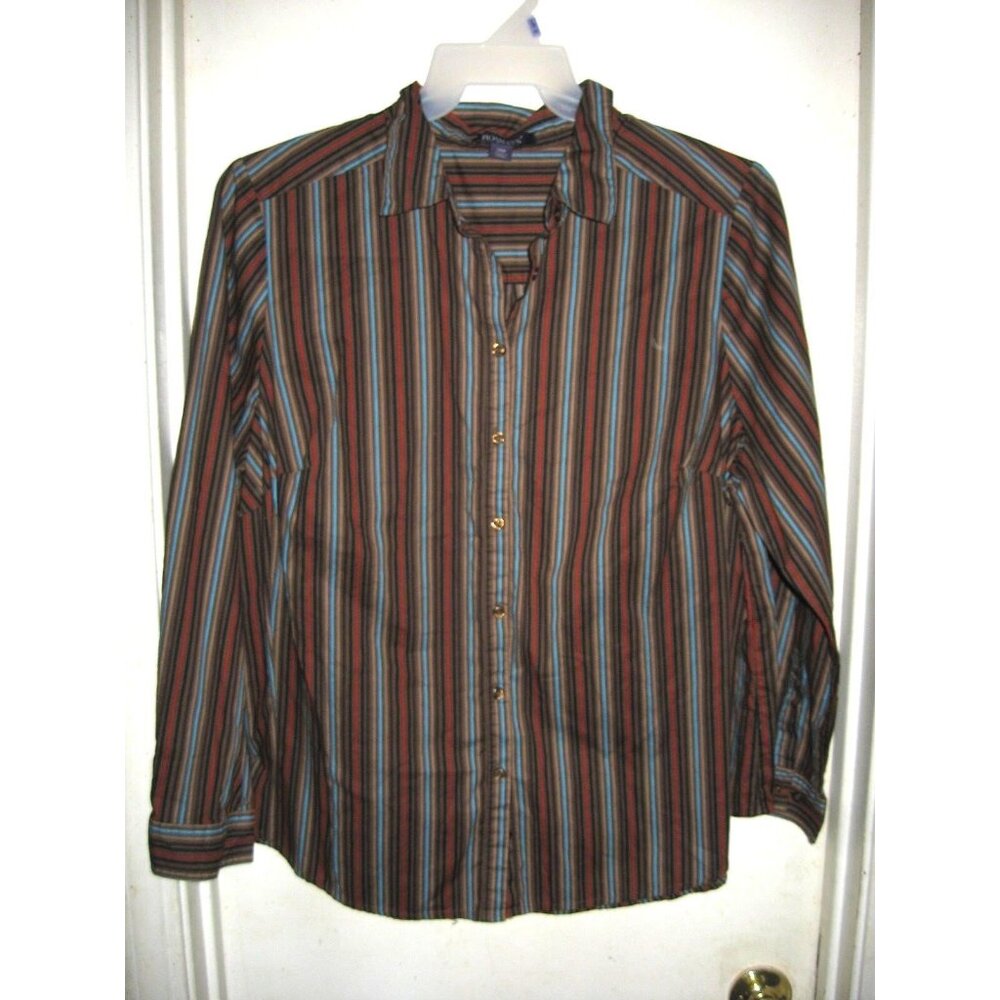 Roaman's Black Red Brown Tan Blue Striped Long Sleeve‎ Button Front Top 20W